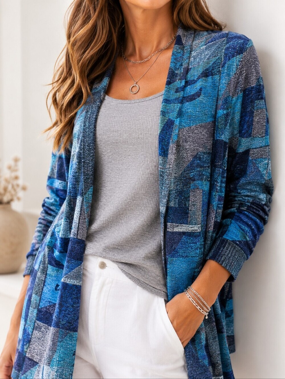 Southern Lady Coastal Open Front Cardigan Cozy Resort Art Print Geometric Top 1X
